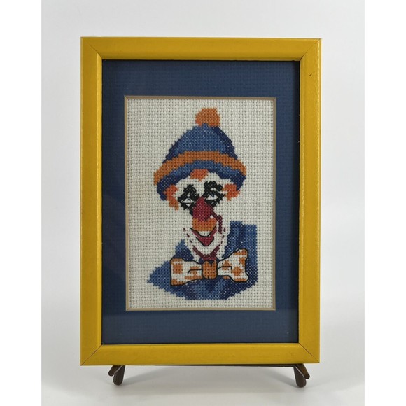 Creepy Clown Vintage Cross‎ Stitch Small Framed Folk Art - Picture 2 of 7